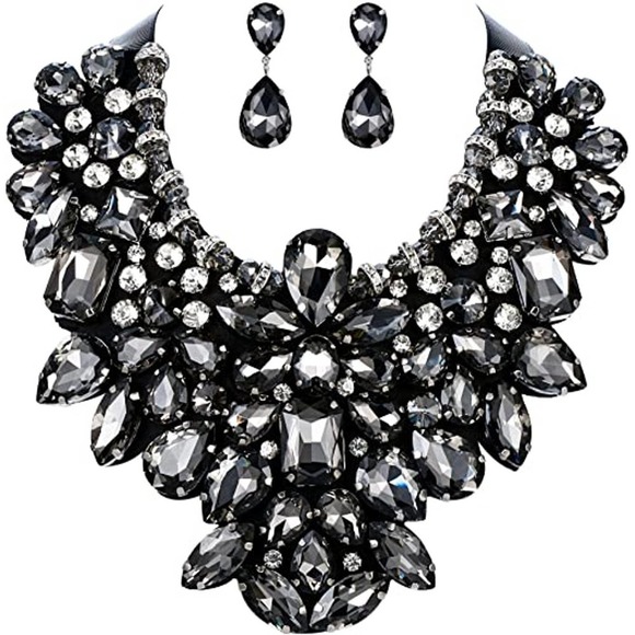 Black Encrusted Rhinestone Crystal Statement Necklace Earrings Set Cachoban - Picture 2 of 5